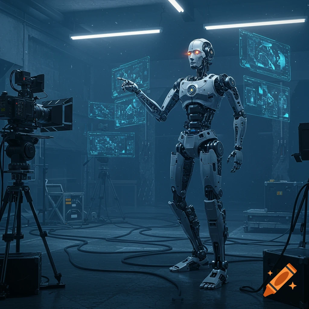 A photorealistic AI robot points towards holographic screens in a futuristic studio, with a film camera on a tripod nearby.