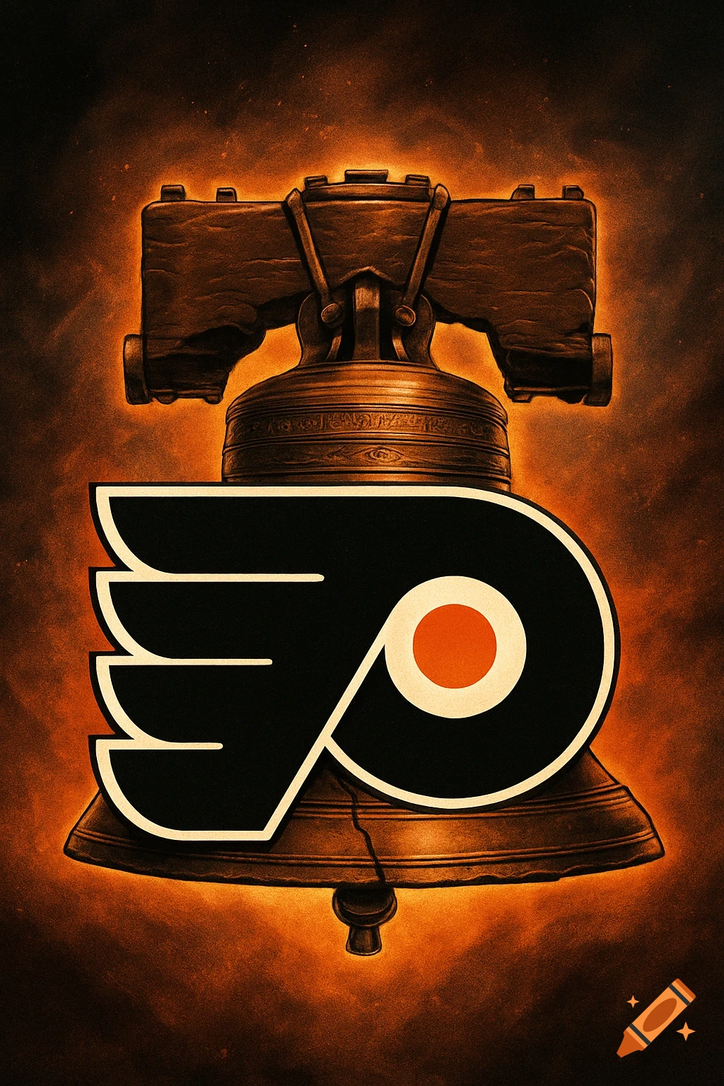 A black and white Philadelphia Flyers logo with an orange circle, set against a glowing bronze Liberty Bell on a fiery orange and black background.