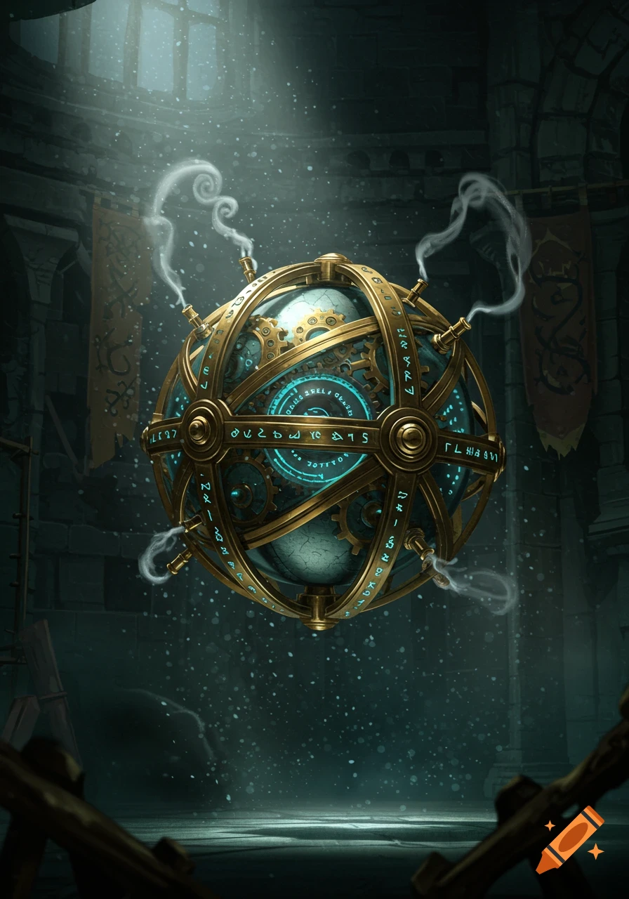 Intricate golden mechanical orb with glowing blue arcane symbols and gears, emitting smoke, in a dark, atmospheric chamber.