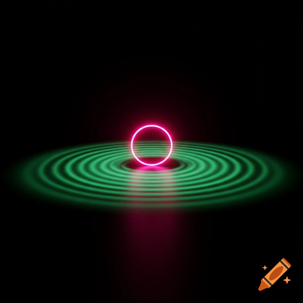 A glowing pink neon ring sits in the center of concentric green ripples on a dark surface.