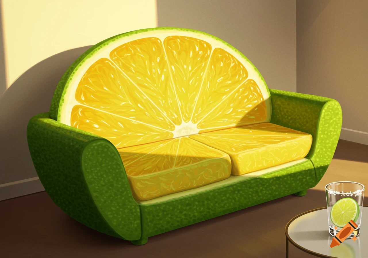 A whimsical sofa designed like a giant lime slice in a sunlit room, next to a glass with a lime.