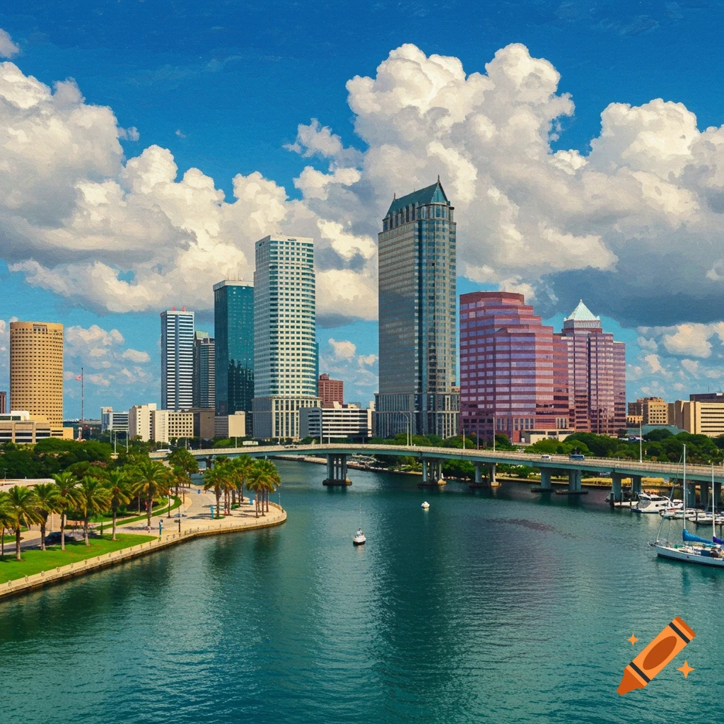 A vibrant, painterly cityscape of Tampa, Florida, featuring tall buildings along a river with boats, a bridge, and palm trees under a bright blue sky with fluffy white clouds.