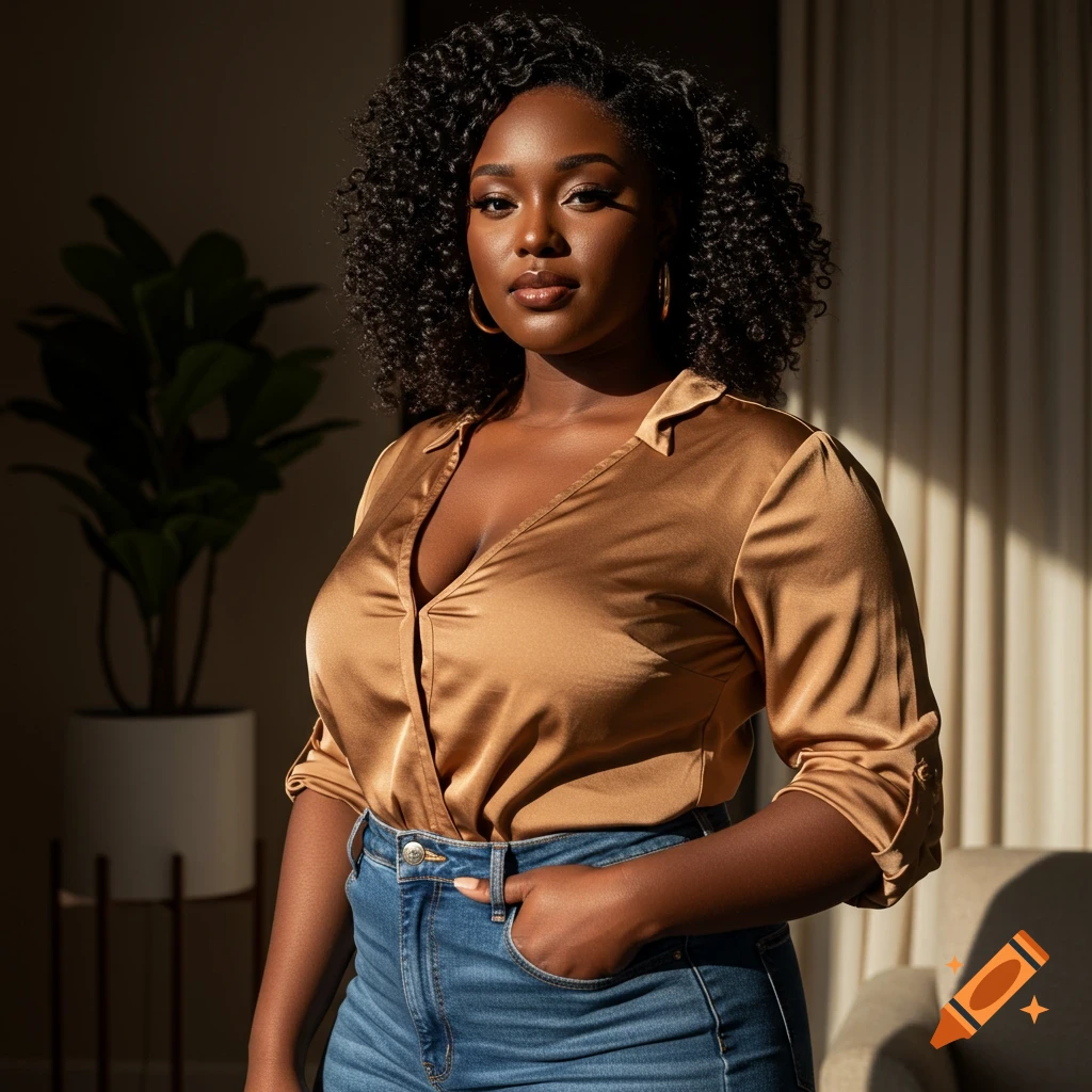 A photorealistic portrait of a Black woman with curly hair wearing a gold satin blouse and jeans, standing in dappled sunlight indoors.