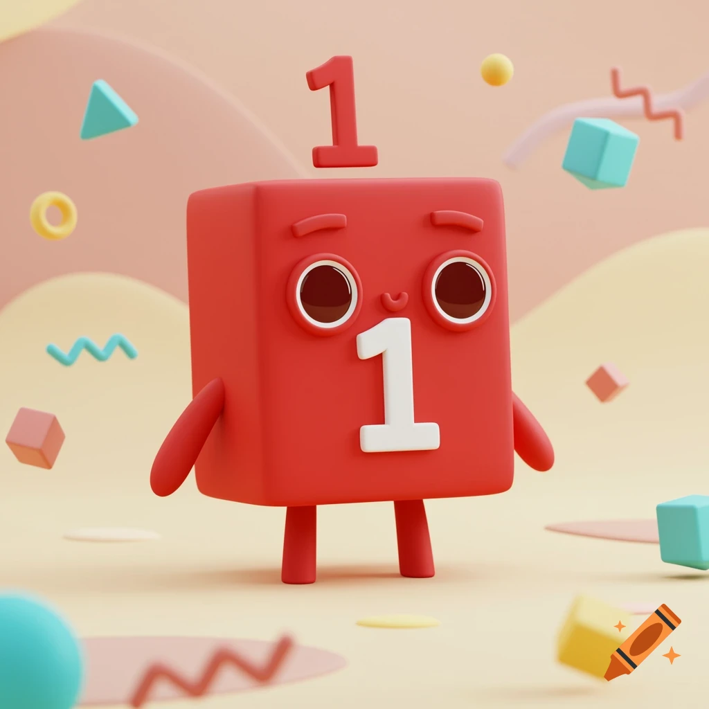 A cute red block-shaped cartoon character, Numberblock One, with the number '1' on its body and floating above its head, against a pastel abstract background.