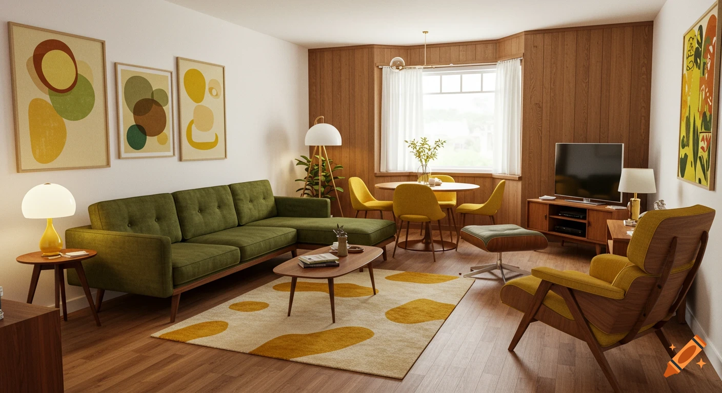 A vibrant midcentury modern living and dining room with a green sectional, yellow chairs, wood paneling, and abstract art.