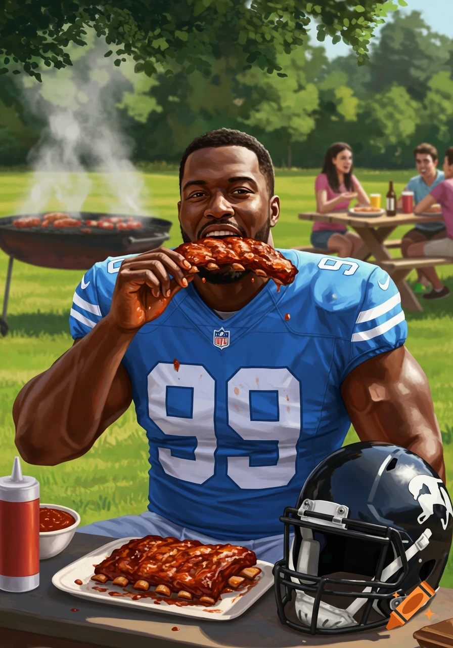 A smiling Black man in a blue football jersey with "99" on it, eating ribs at an outdoor BBQ, with a black football helmet on the table.