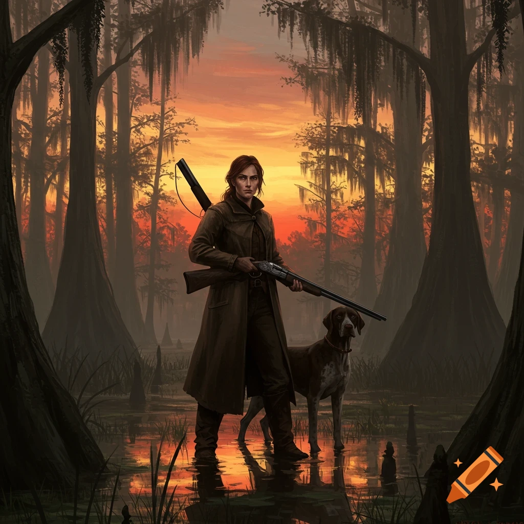 A woman in a long coat holds a shotgun next to a dog in a swamp at sunset, surrounded by mossy trees.