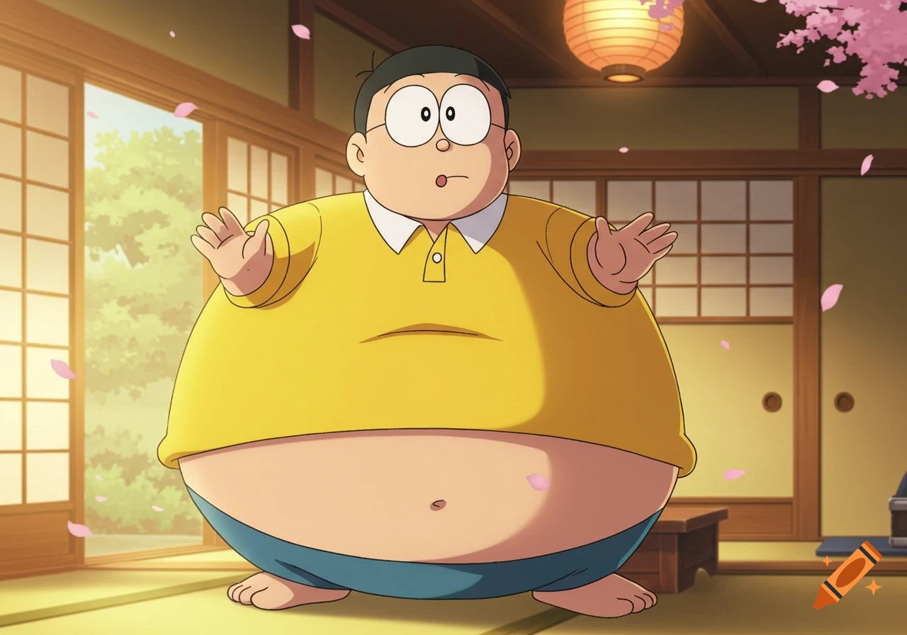 Anime character Nobita, heavily inflated in a yellow polo shirt, stands surprised in a traditional Japanese room with falling cherry blossoms.