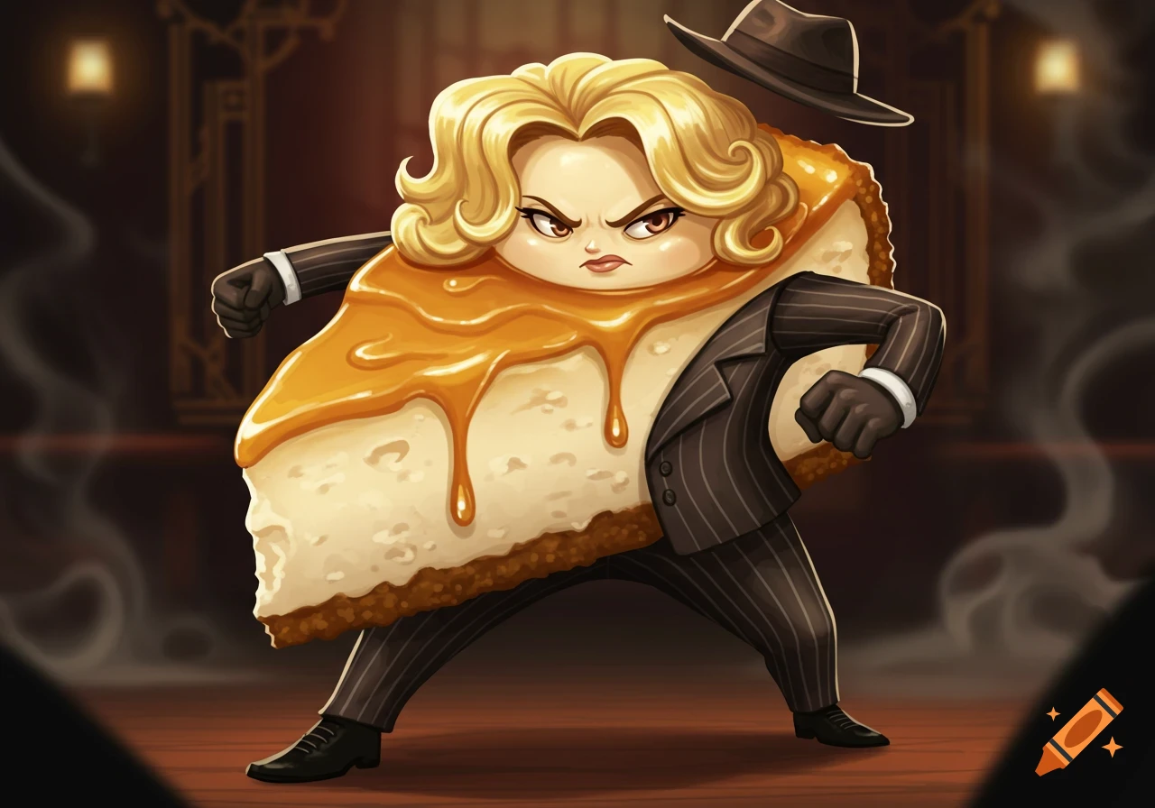 A cartoon slice of cheesecake with a blonde female face and hair, wearing a pinstripe mafia suit, ready to fight.