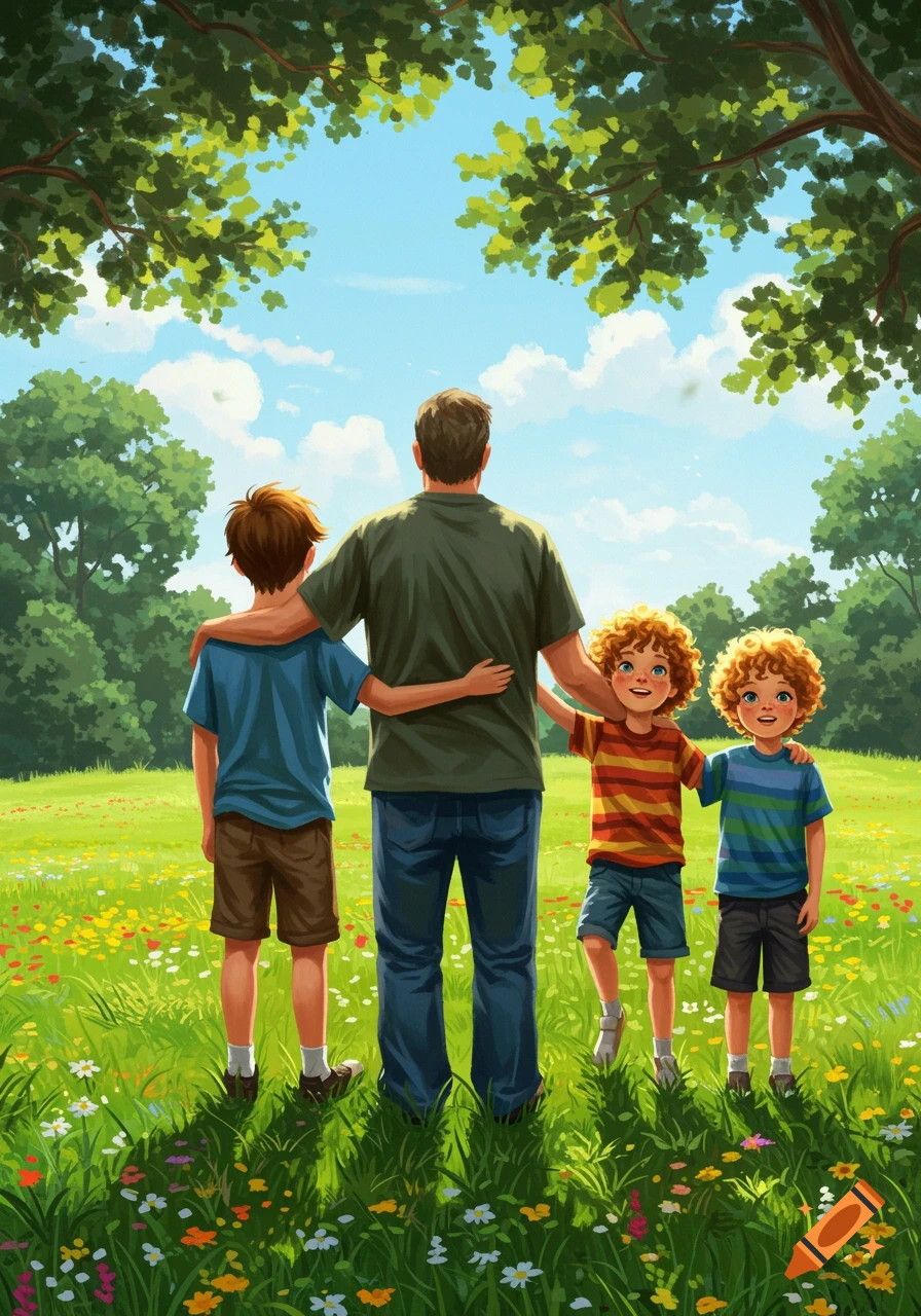 A father and his three sons stand in a sunny, flower-filled field, looking at the distant trees and blue sky. Digital illustration.