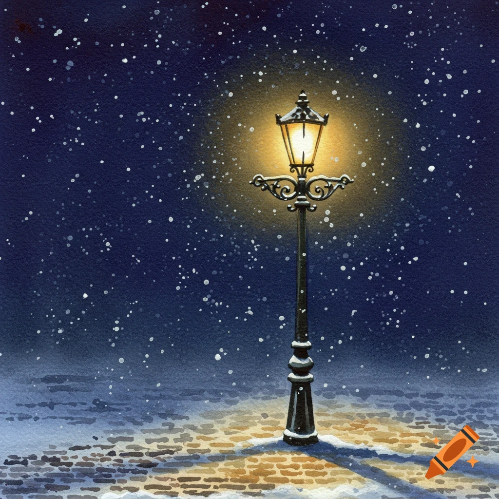 A watercolor painting of a Victorian street light glowing against a dark, snowy night sky with falling snow and a cobbled street.