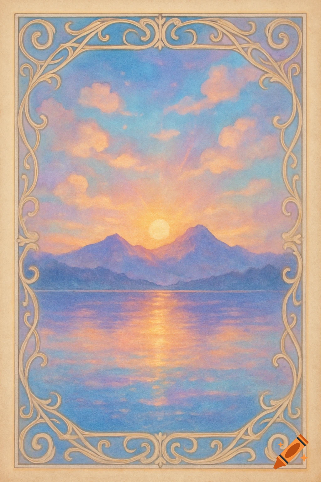 Painting of a vibrant sunset over mountains and a lake, with reflections on the water, framed by an ornate border.