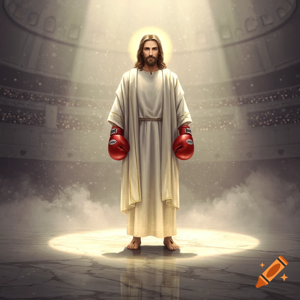 Jesus Christ wearing red boxing gloves, standing in a spotlight in the center of a boxing arena.