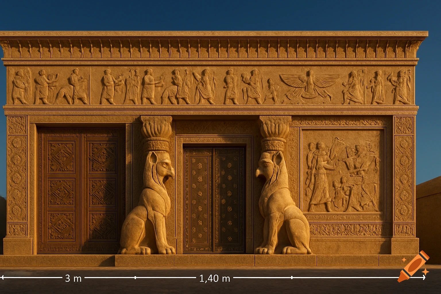A detailed Achaemenid building facade with lion sculptures, ornate reliefs, and wooden doors under a clear blue sky.