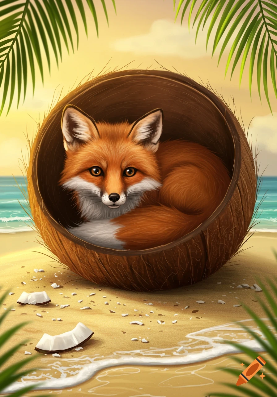 A cute red fox curled up inside a cracked coconut shell on a sandy beach, with ocean waves and palm leaves in the background.