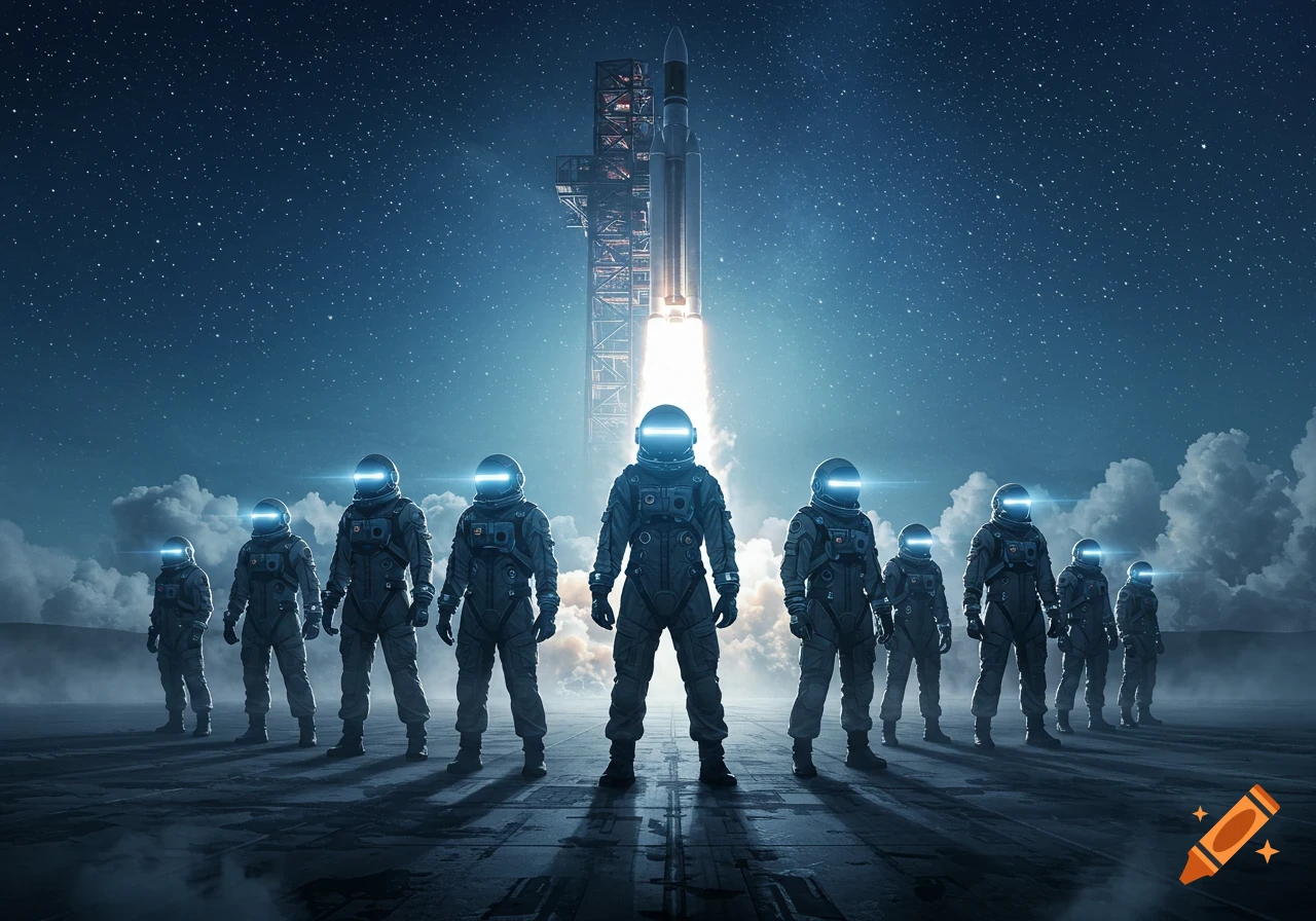 A group of astronauts stands on a launchpad as a rocket blasts off under a starry, cloudy night sky.