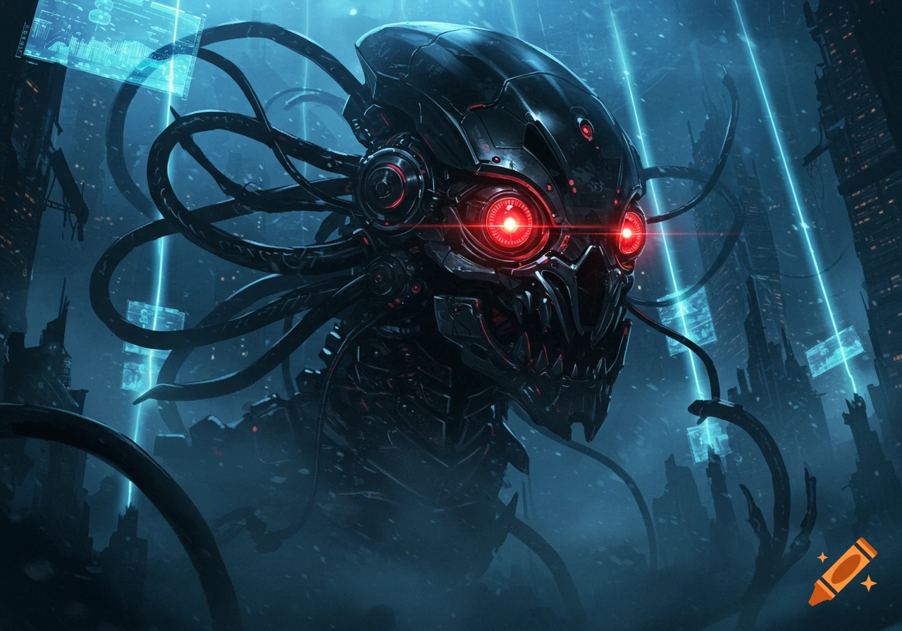 A menacing, dark robotic head with glowing red eyes and tentacles, against a cyberpunk city background with blue holographic displays.