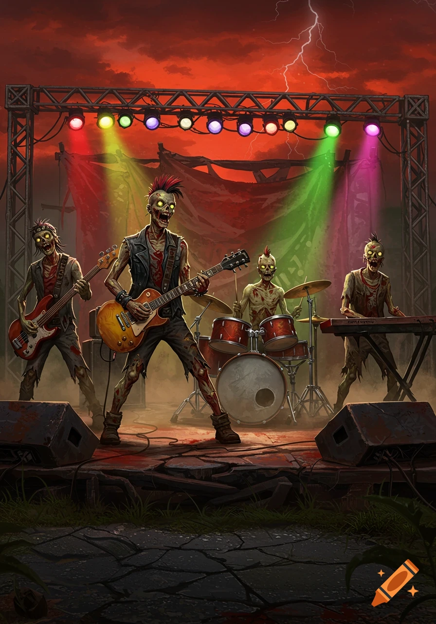 A stylized illustration of a zombie rock band playing on a stage with colorful lights under a stormy red sky.