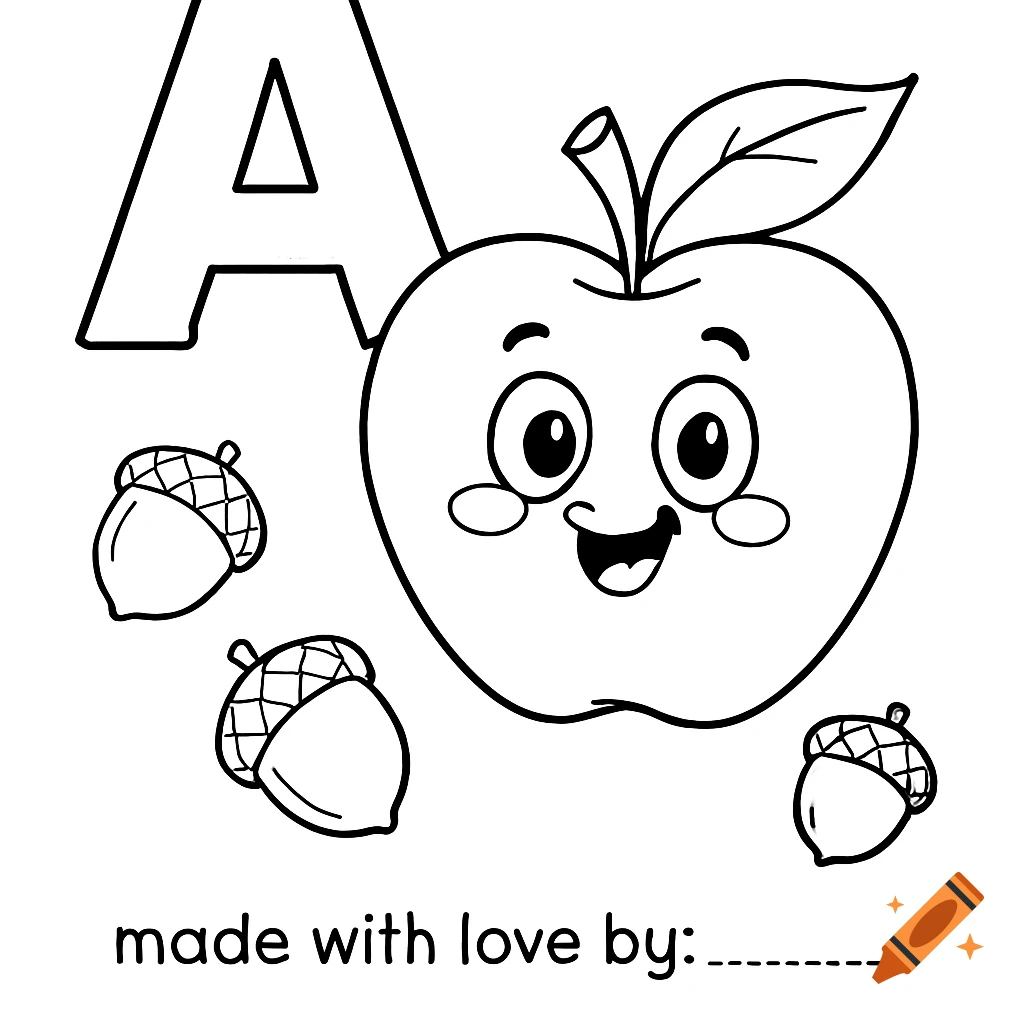 A black and white coloring page with a large letter A, a happy cartoon apple, and three acorns. Text reads "made with love by:_______" at the bottom.