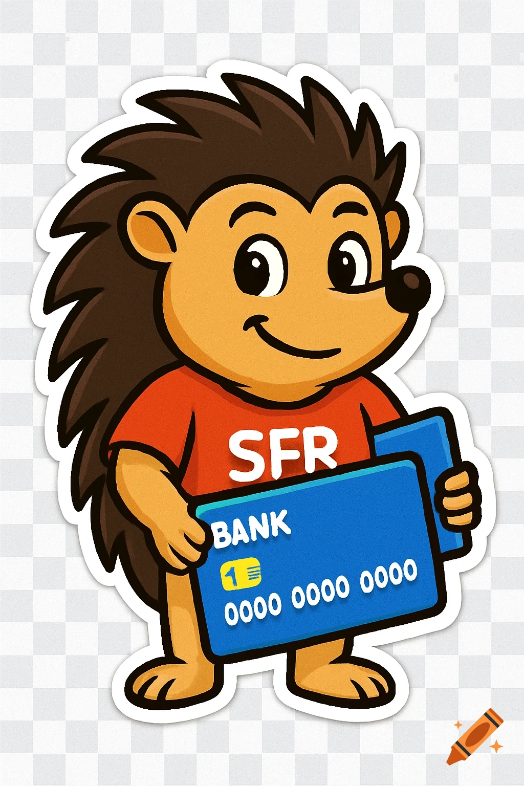 Friendly cartoon hedgehog wearing an SFR shirt, holding a blue bank card, in a sticker style.