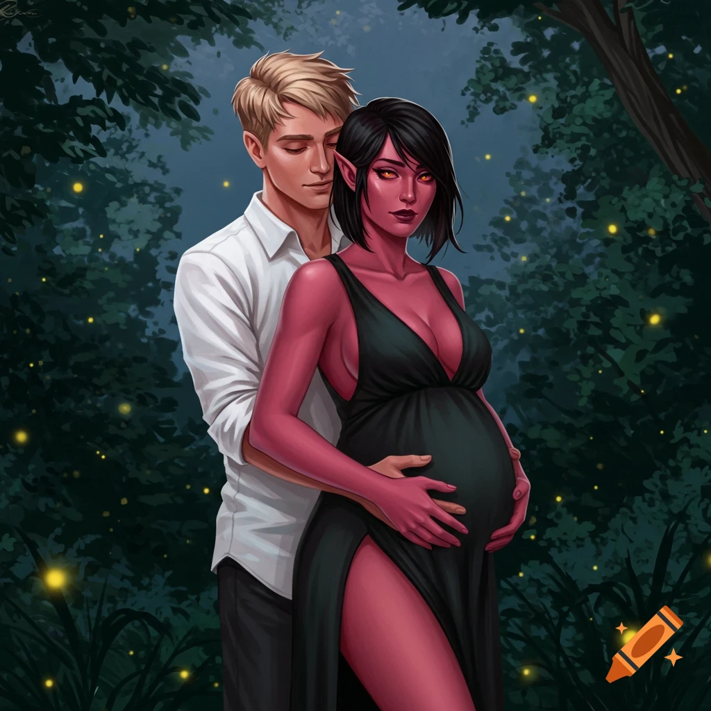A fantasy illustration of a blonde man embracing a pregnant red-skinned elf woman in a forest at night with fireflies.