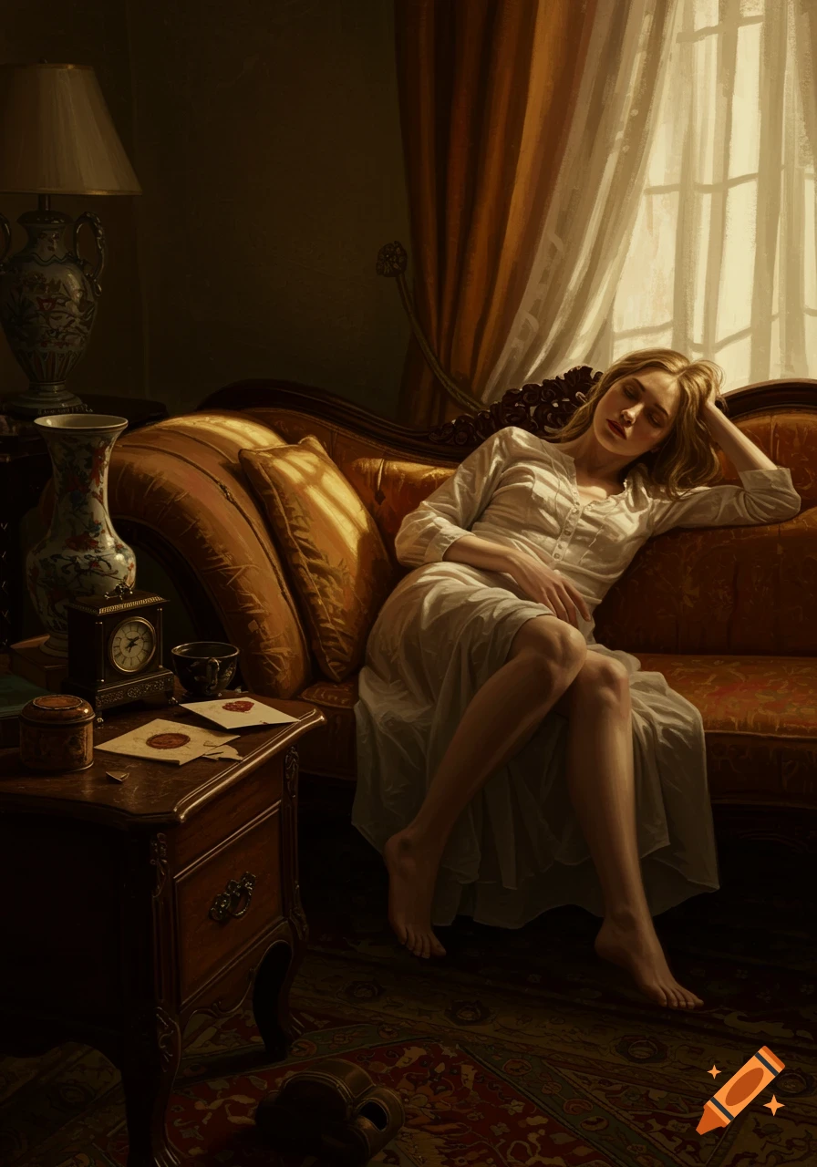 A woman in a white dress reclines on an ornate golden sofa in a dimly lit, richly decorated room, sunlight streaming through a window.