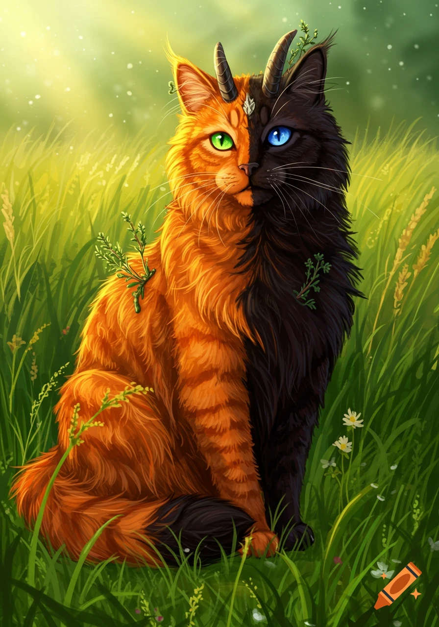 A fantasy cat, half orange and half black, with one green eye and one blue eye, has small horns and herbs growing on its fur while sitting in a sunny field.
