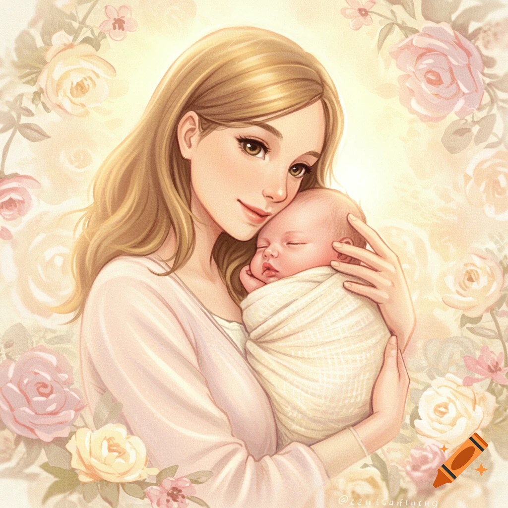 Soft pastel drawing of a loving young mother holding her sleeping baby, surrounded by blooming roses.