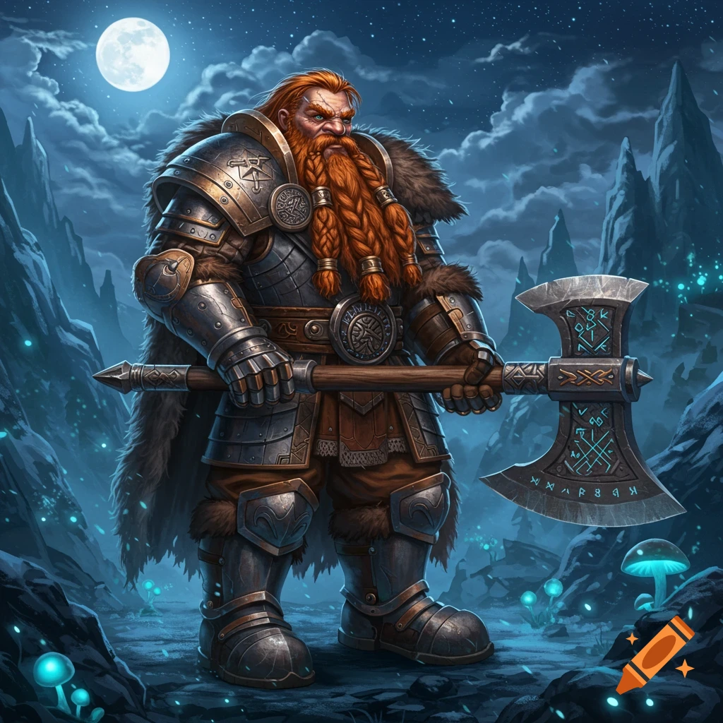 A fantasy dwarven warrior in full armor with a braided red beard holds a large battle-axe under a full moon in a mystical mountain landscape.