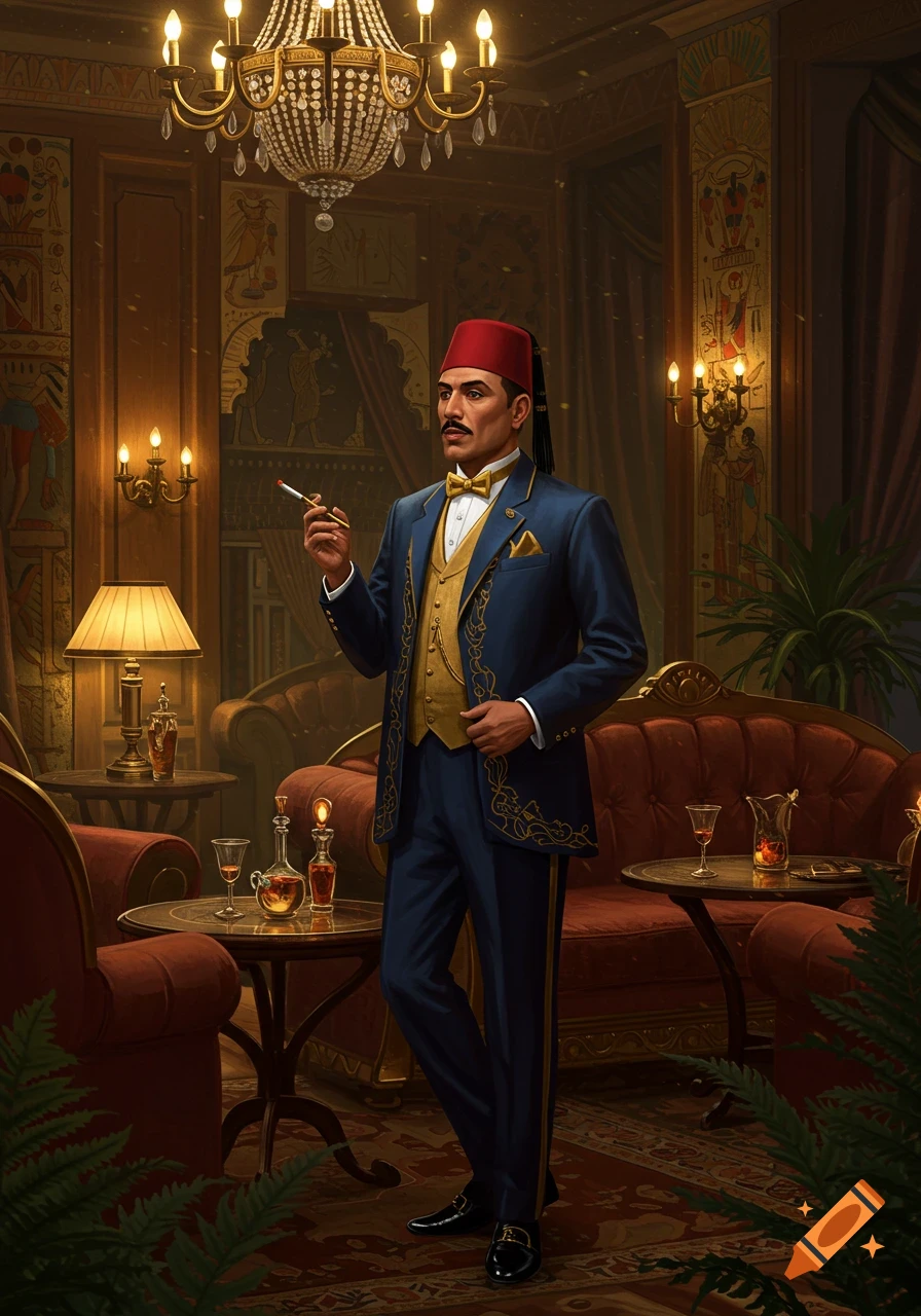 A dapper man in a red fez and blue suit smokes a cigarette in an opulent 1920s room with Egyptian-themed decor.