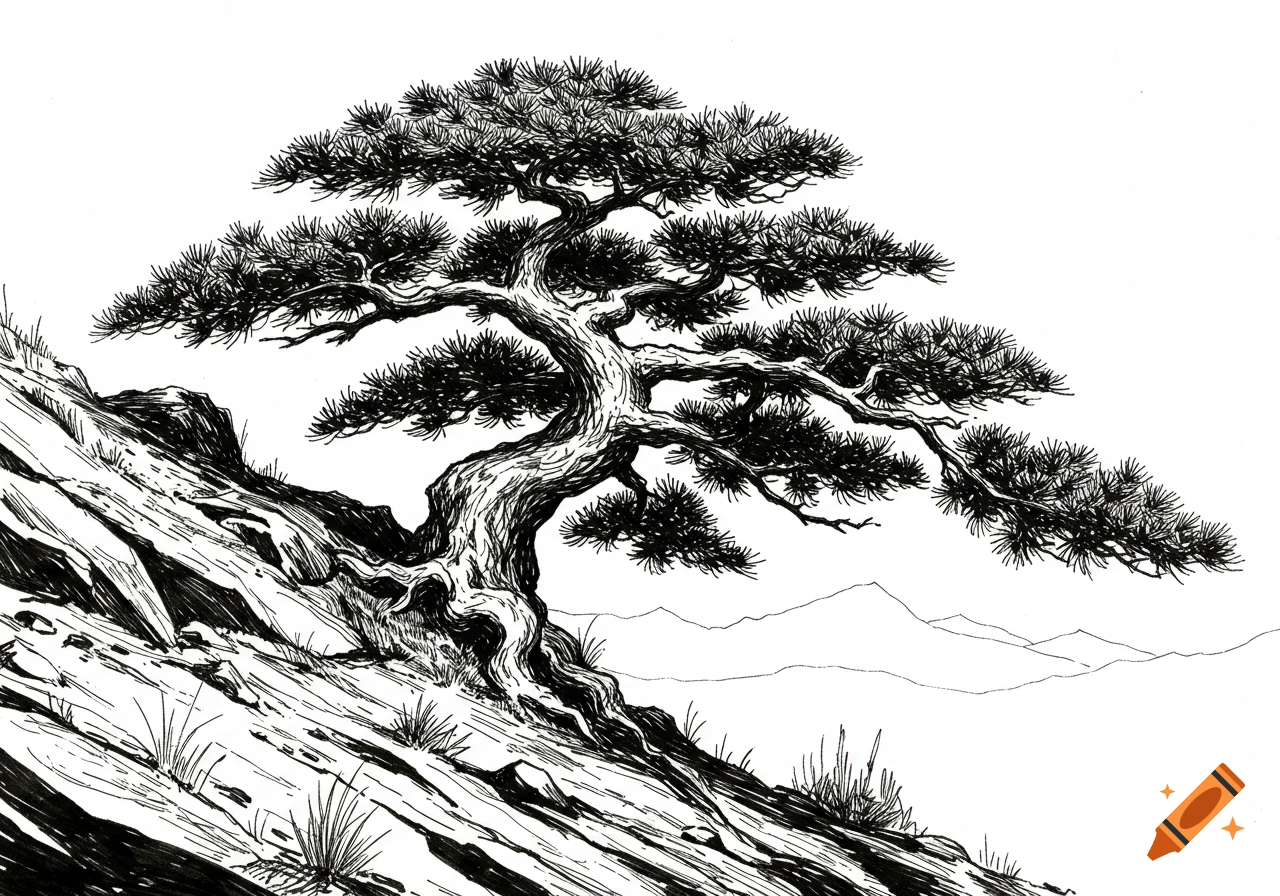 Black and white line drawing of an old pine tree growing on a steep rocky hillside, with distant mountains.