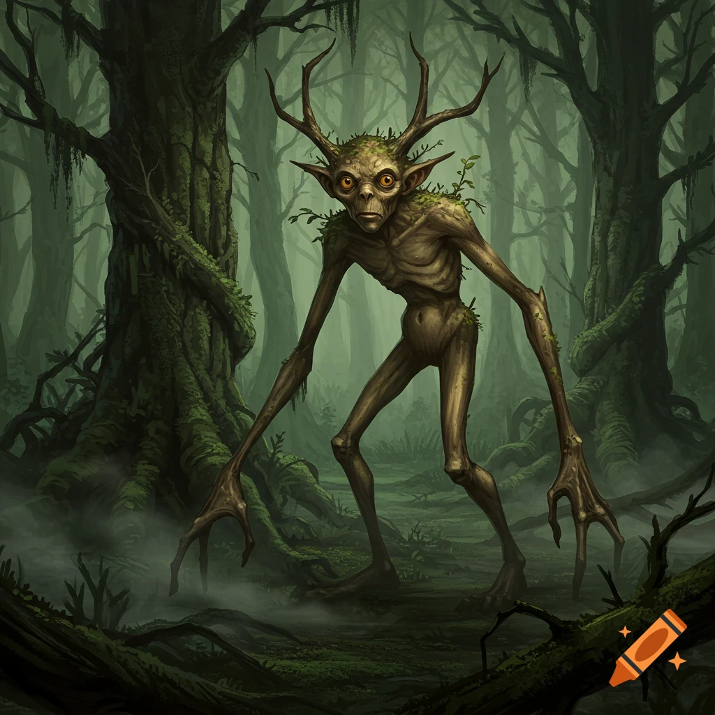 A gaunt, bark-skinned fantasy creature with antlers and large orange eyes stands in a misty, dark forest. Detailed illustration.