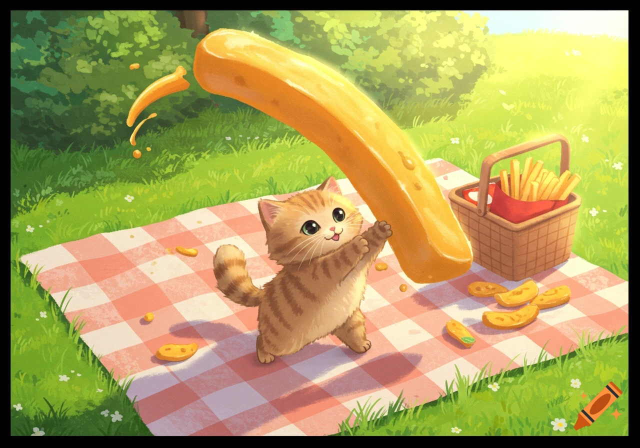 A cute cartoon kitten holding a giant french fry on a red and white picnic blanket in a sunny park with a basket of fries.