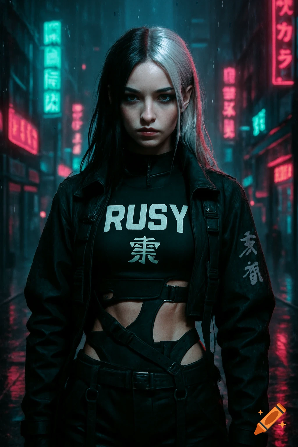 A stoic woman with black and white hair stands in a rainy, neon-lit cyberpunk city street. She wears a black crop top with "RUSY" and a Kanji character, a black jacket with Kanji script, and tactical cut-out pants.