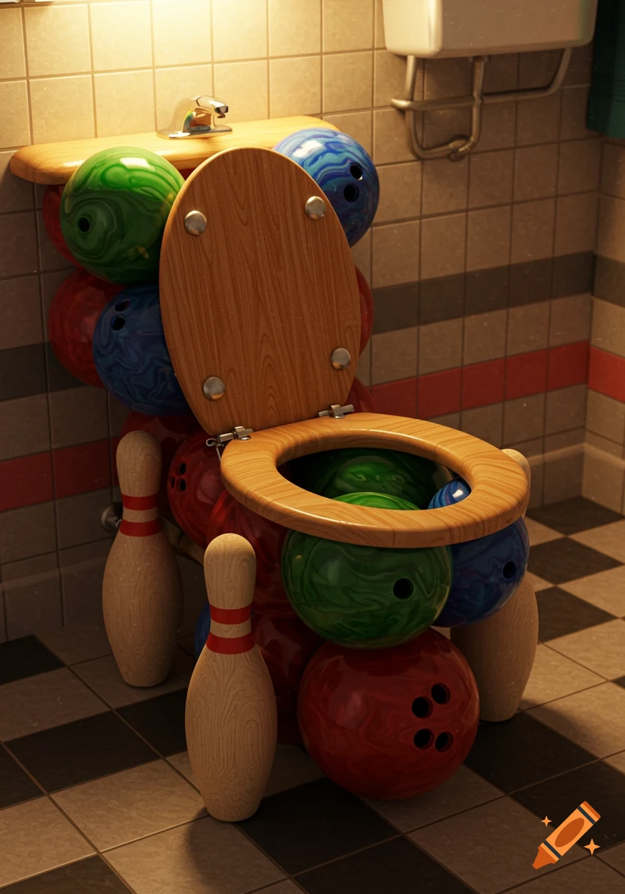 Photorealistic 3D render of a toilet constructed from bowling balls and pins in a tiled bathroom.