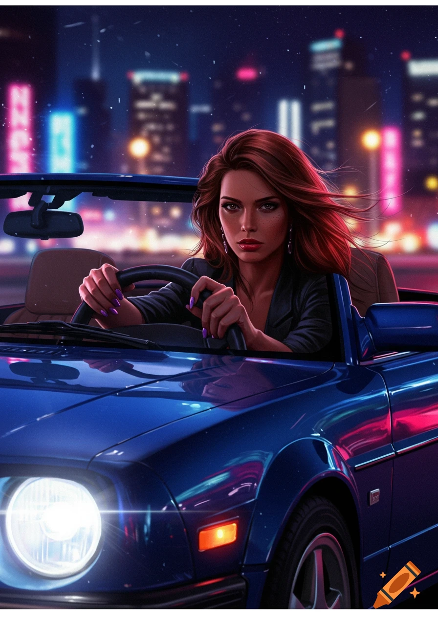 Digital art of a woman with red hair and purple nails driving a blue convertible car at night, with a neon cityscape in the background.