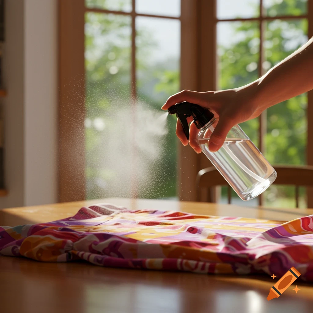 A hand sprays a clear bottle onto a colorful patterned shirt on a wooden table with a window in the background.