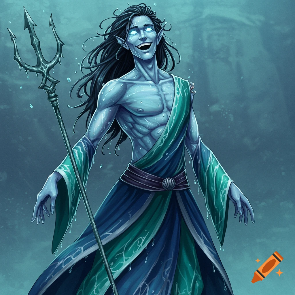 A blue-skinned Water Genasi with glowing eyes and a wide grin, wearing flowing blue-green robes and holding a trident in a digital illustration.