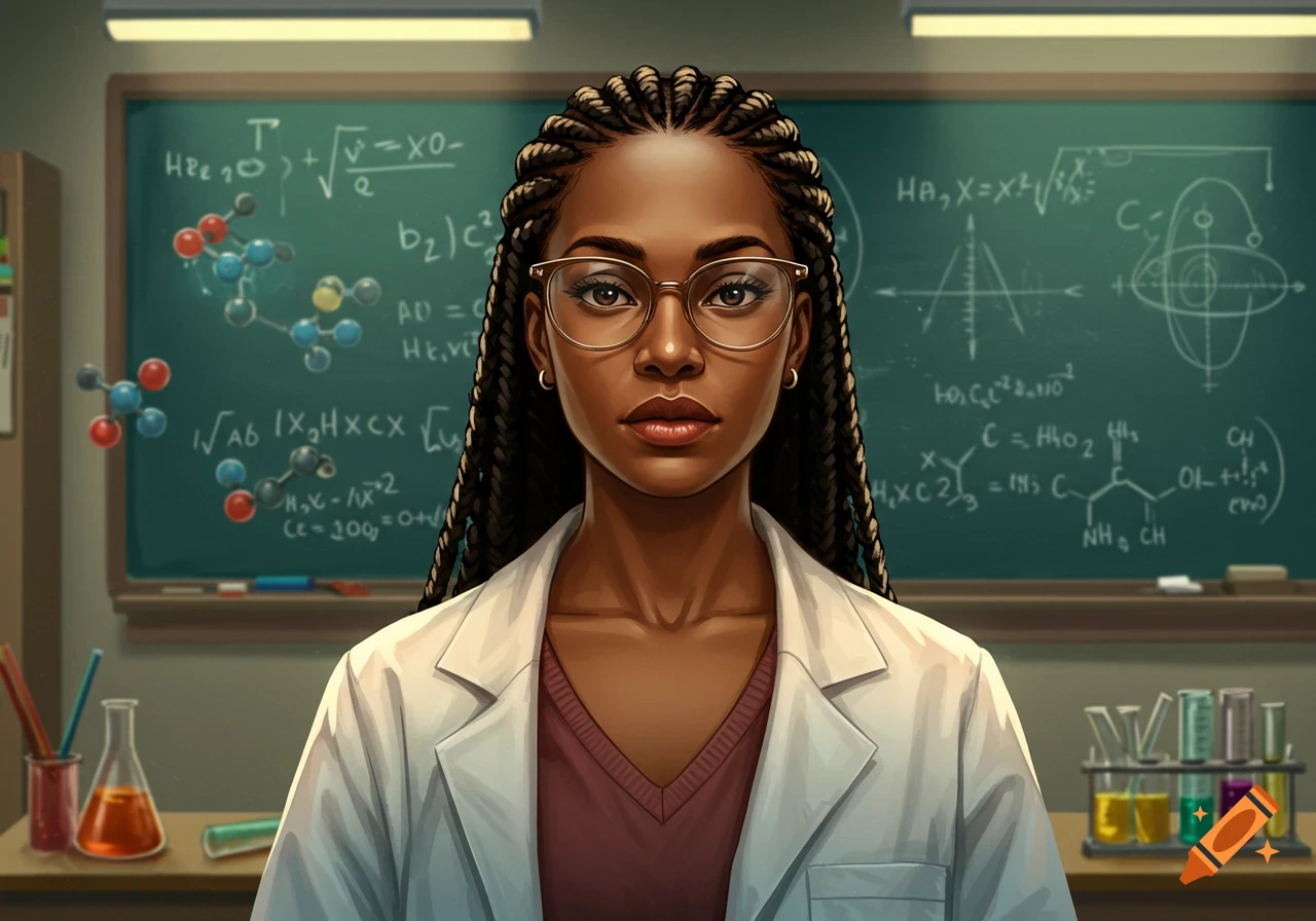 A realistic illustration of a Black female science teacher with glasses and cornrow braids, wearing a lab coat in front of a chalkboard.