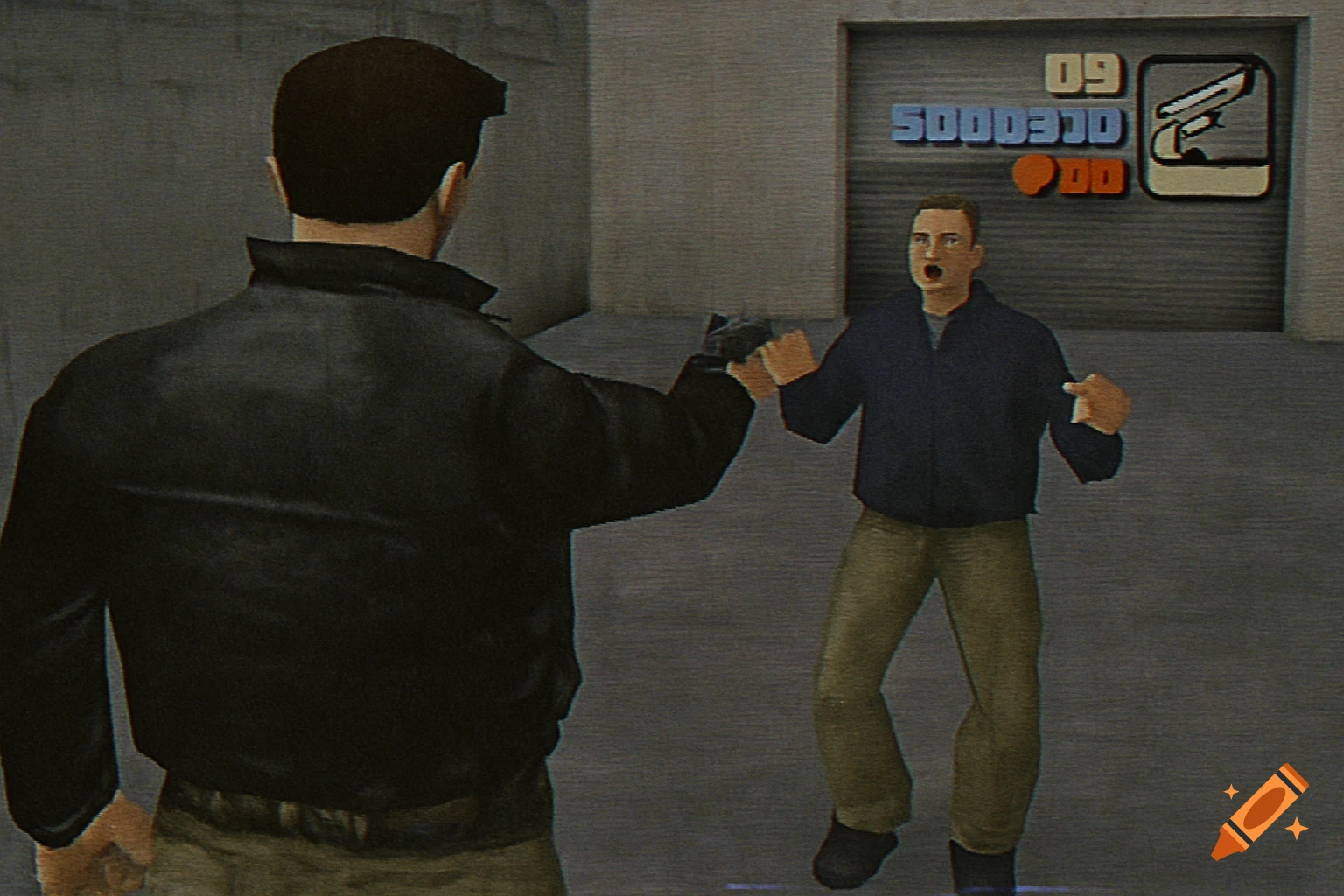 A low-poly character from behind, in a black leather jacket, points a gun at another low-poly character in a grey room, reminiscent of a retro PS2 GTA game.