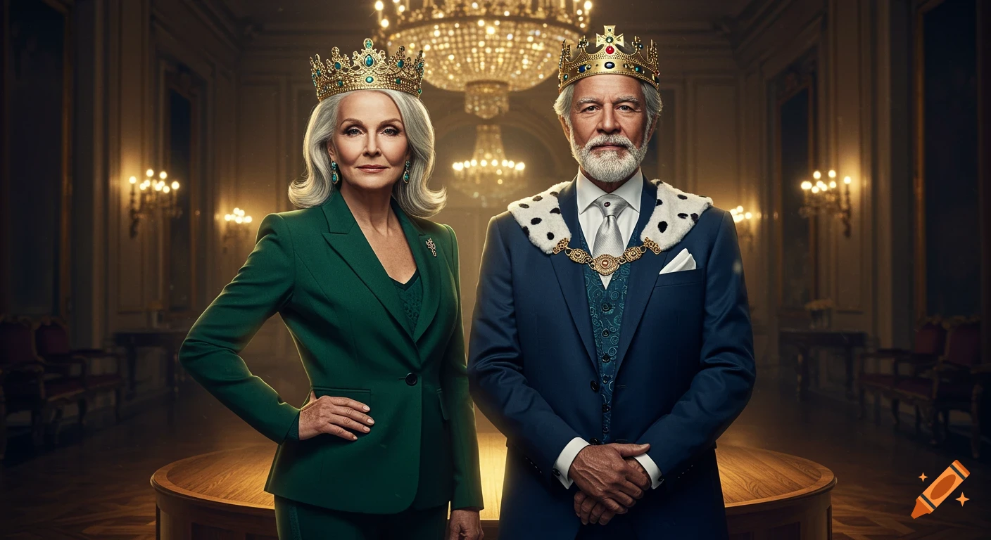 A photorealistic portrait of an older queen in a green suit and a king in a blue suit with an ermine cape and crowns, standing in a grand hall.