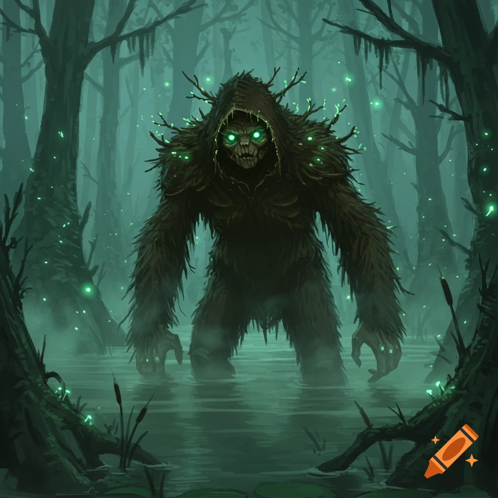 A dark, moss-covered, hooded swamp creature with glowing green eyes stands in murky water in a misty, eerie forest.