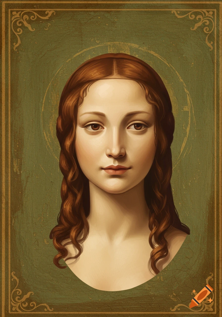 A classical style portrait painting of a woman with long wavy brown hair, against a textured green background with a golden ornate border.