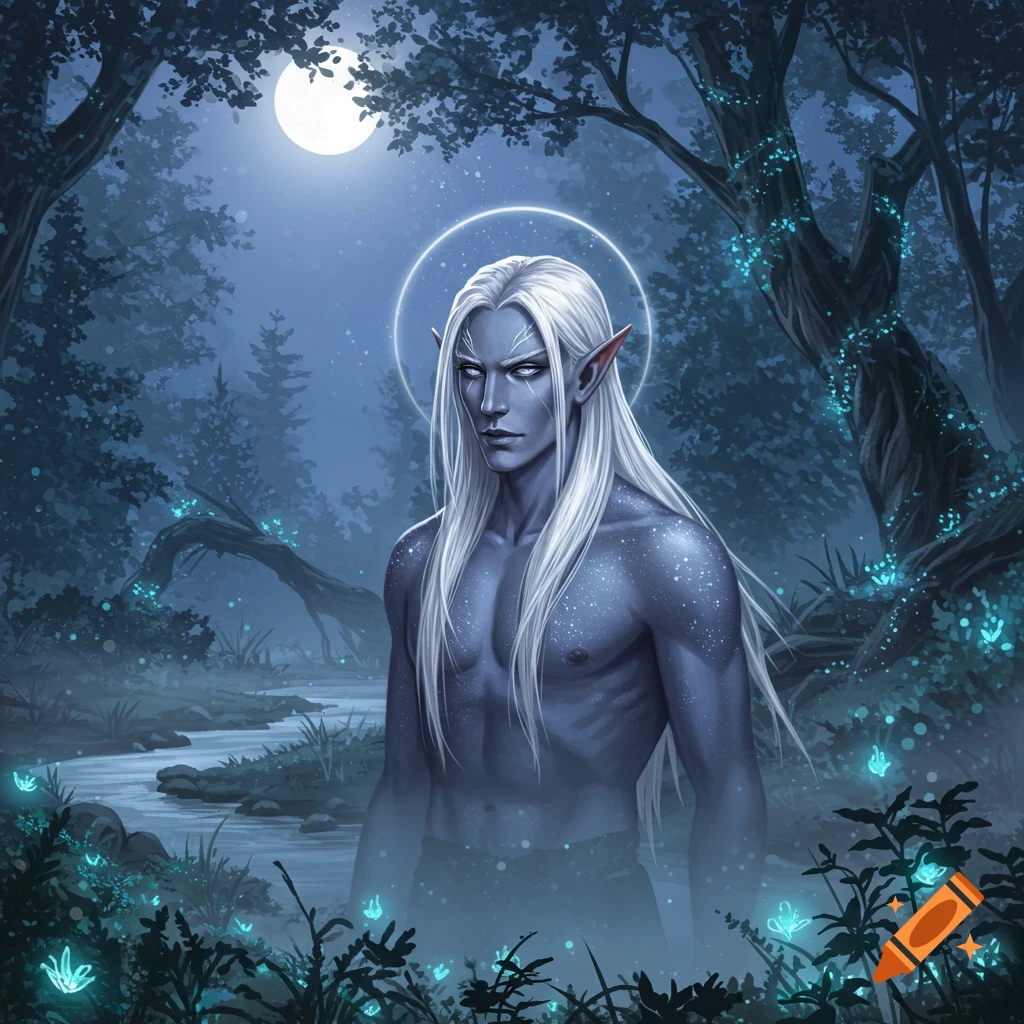 Blue-skinned elf with long white hair stands shirtless in a moonlit fantasy forest with glowing plants and a stream.