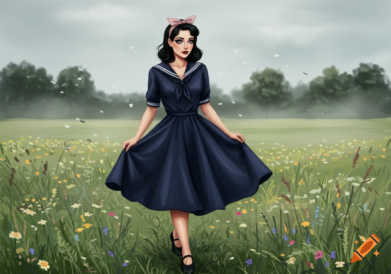 Illustrated woman in 1940s navy sailor dress with pink bow standing in a field of wildflowers.