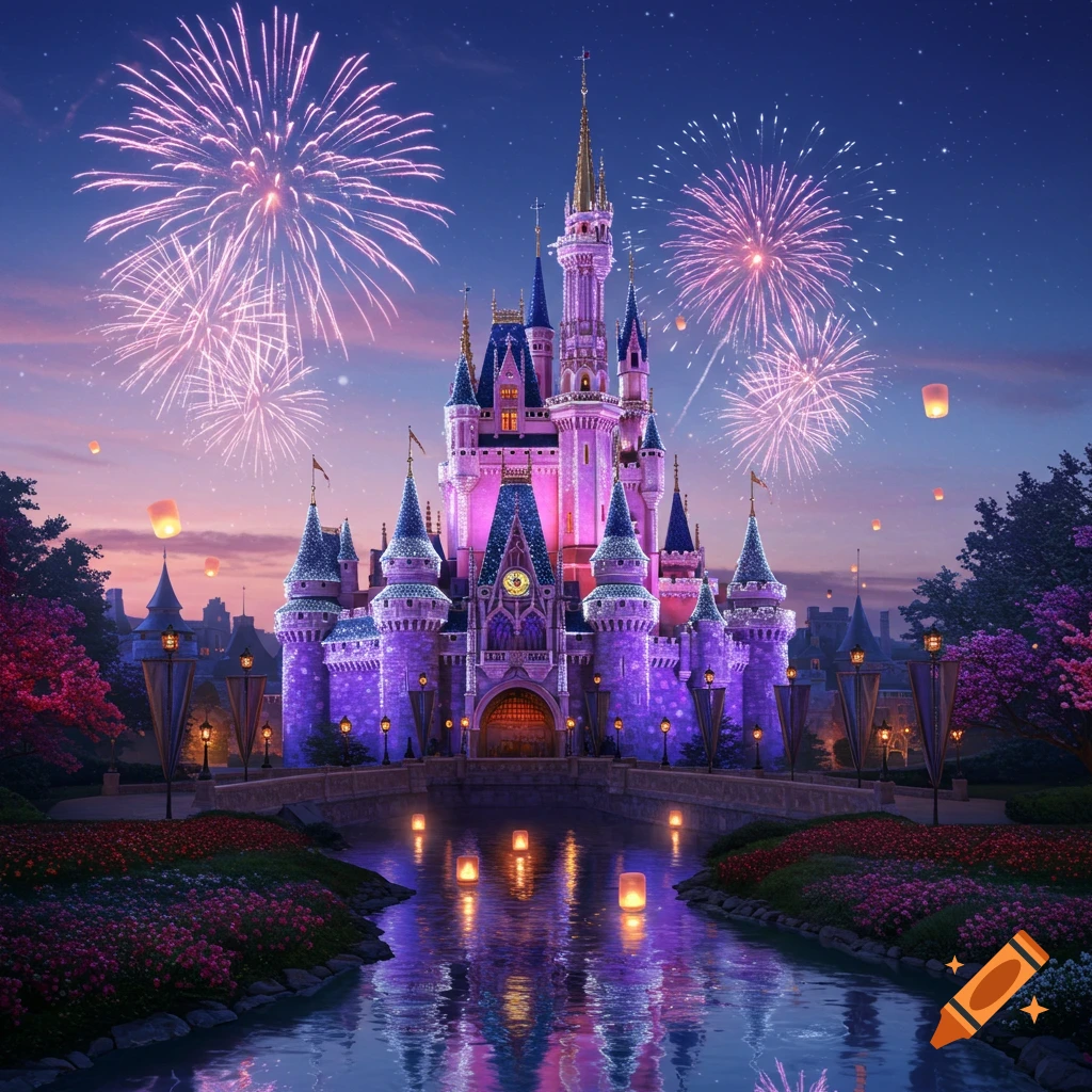 A vibrant fantasy castle, illuminated in purple light, with pink fireworks exploding in the night sky and lanterns floating over a reflective river.