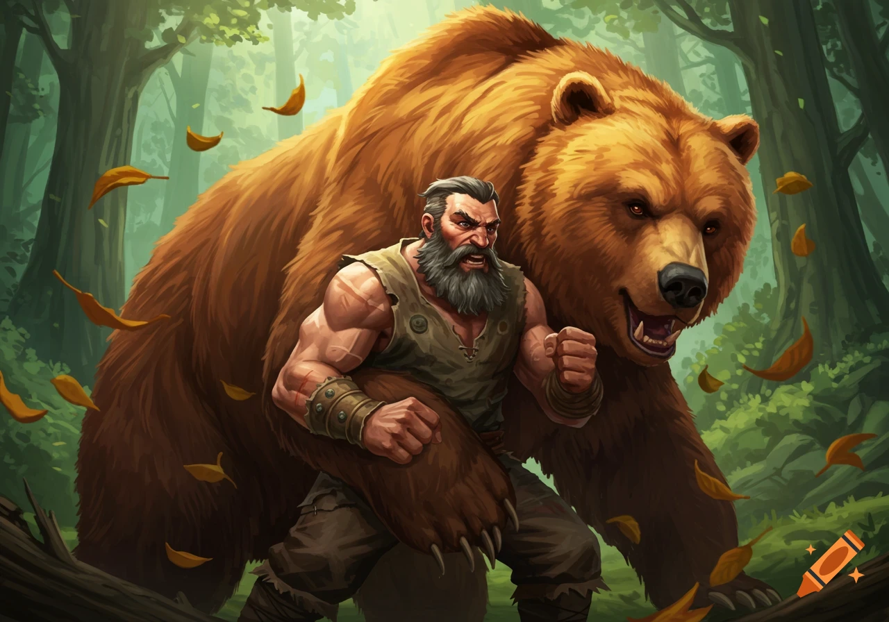 A muscular, grizzled man with a beard battles a large brown bear in a lush forest, with golden leaves falling. Fantasy art style.