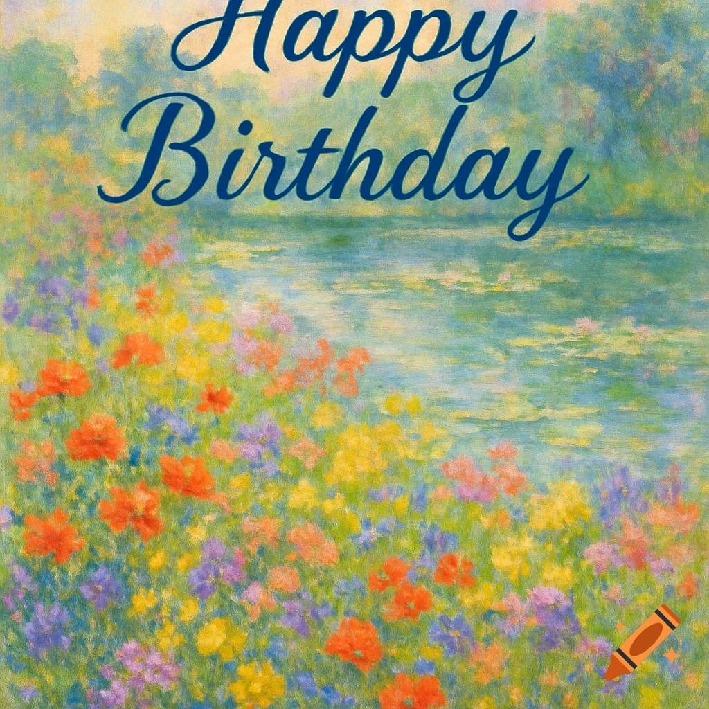 An impressionist painting of a vibrant wildflower garden next to a tranquil pond under a pastel sky, with "Happy Birthday" in elegant blue script.