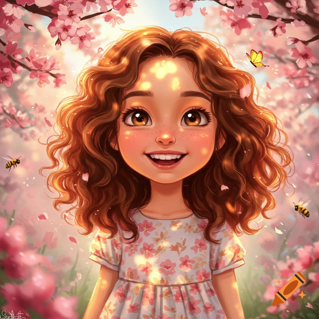 Cute cartoon girl with curly brown hair smiling amidst pink cherry blossoms, with bees and a butterfly.