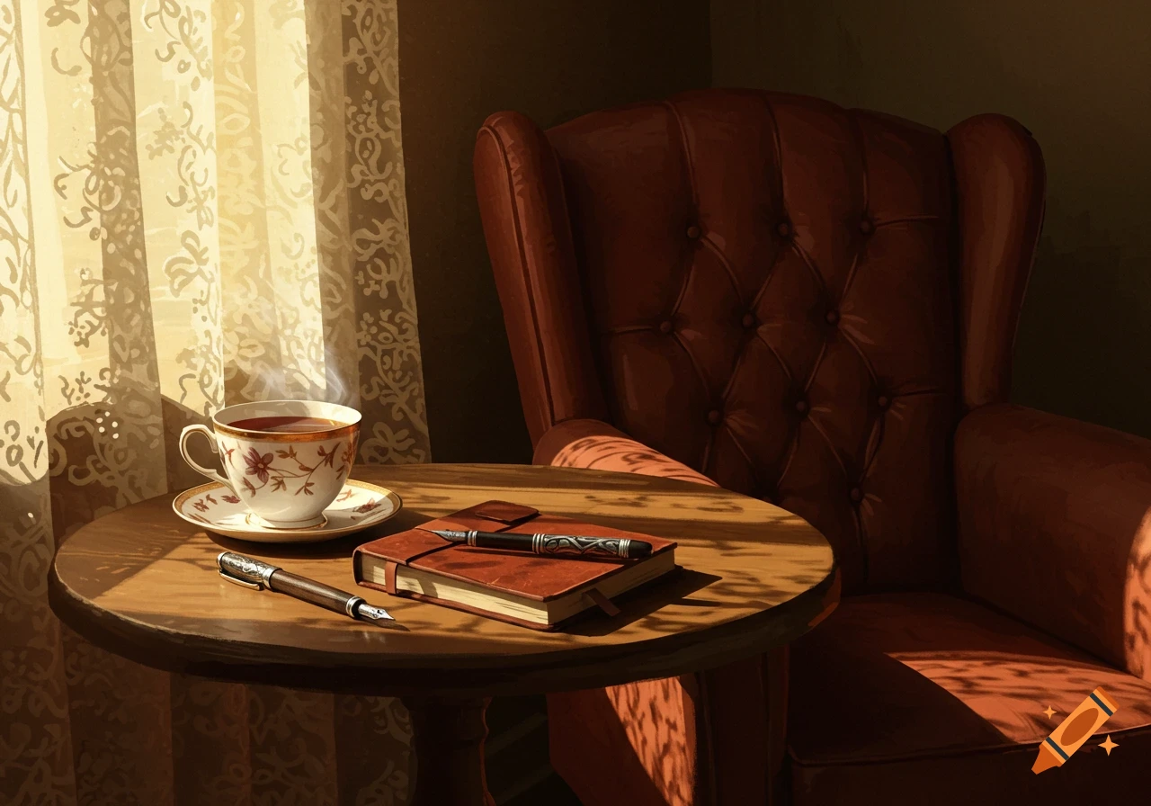 A painting of a steaming cup of tea, journal, and pens on a wooden table next to a red armchair, bathed in sunlight.